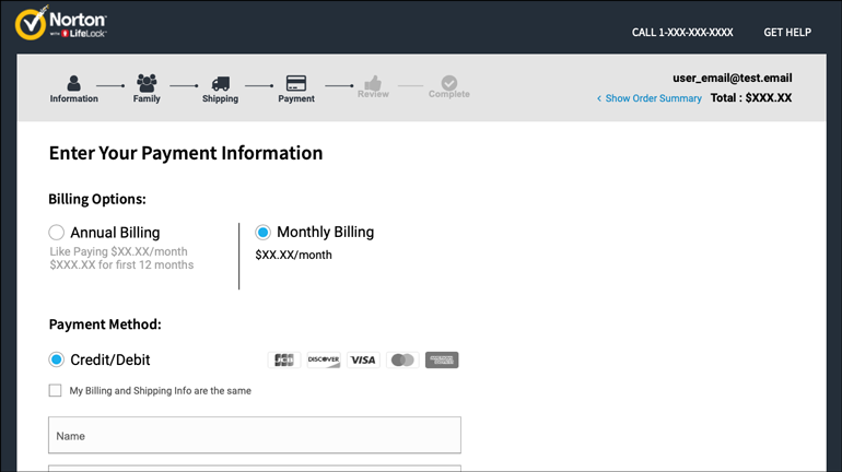 checkout screen showing biling method